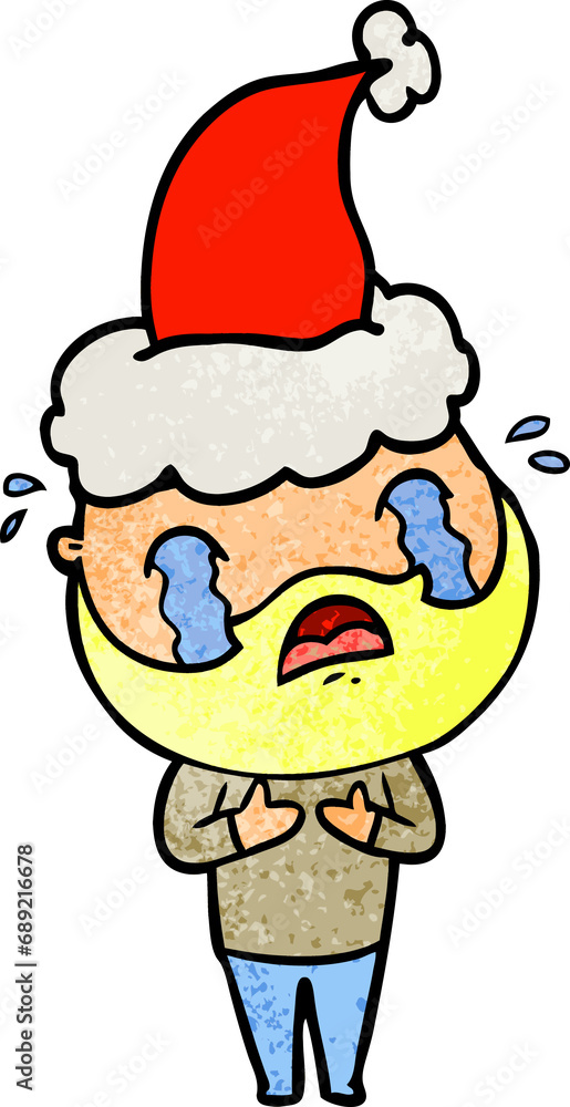 hand drawn textured cartoon of a bearded man crying wearing santa hat hand drawn textured cartoon of a bearded man crying wearing santa hat