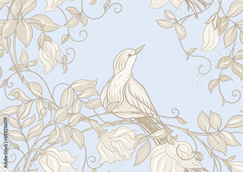 Fantasy flowers and bird, decorative flowers and leaves in art nouveau style, vintage, old, retro style. Seamless pattern, background. Vector illustration. Outline hand drawing vector illustration.