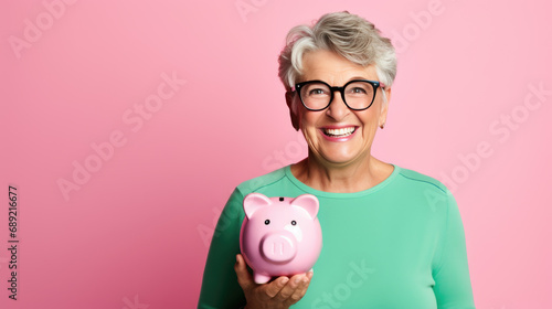 Cheerful senior woman smiling widely while holding a piggybank, standing against a turquoise blue background. photo