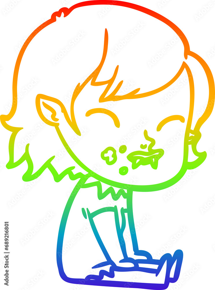 rainbow gradient line drawing of a cartoon vampire girl with blood on cheek rainbow gradient line drawing of a cartoon vampire girl with blood on cheek