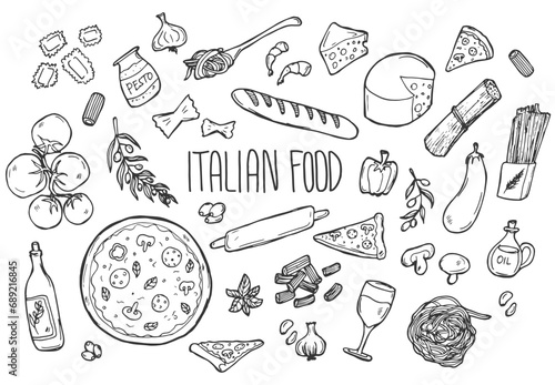Set of doodles, hand drawn rough simple Italian cuisine food sketches. Isolated on white background