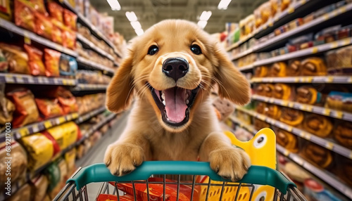 Puppy joyfully shops for pet supplies in a vast superstore. photo
