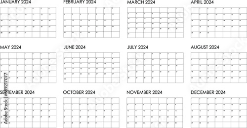 2024 year, 12 month yearly calendar. Simple black and white design