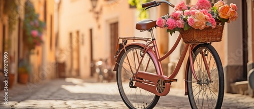 In a European city, a retro bicycle with a basket and flowers . #689217090