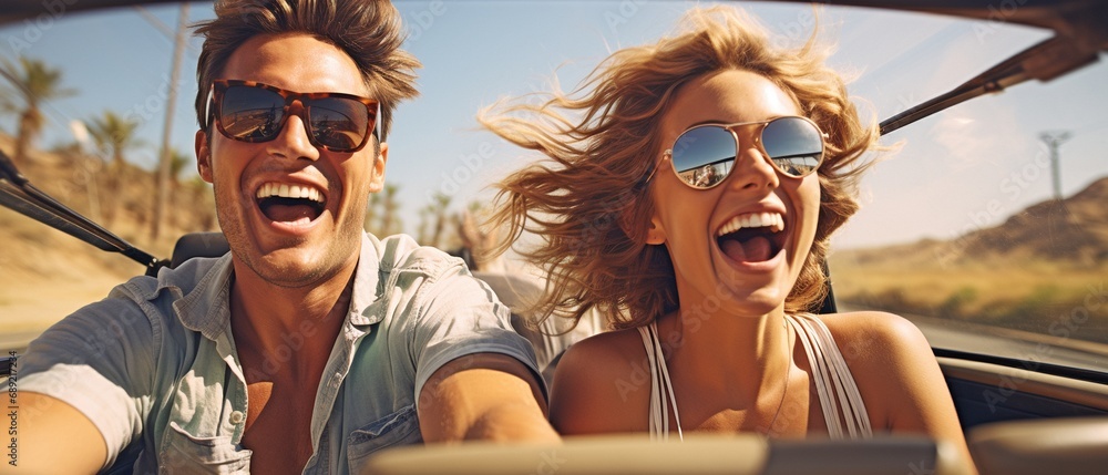 An enjoyable summer road journey with a youthful couple driving a convertible automobile in a vacation area with a panoramic banner . - obrazy, fototapety, plakaty 
