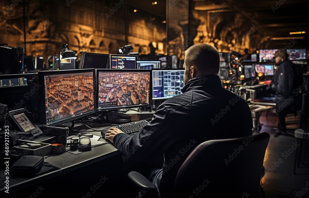 a security officer in the monitoring room.