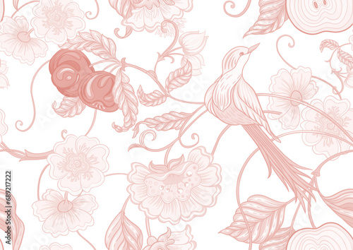 Fantasy apple, flowers and bird, decorative flowers and leaves in art nouveau style, vintage, old, retro style. Seamless border pattern, linear ornament, ribbon Vector illustration. 