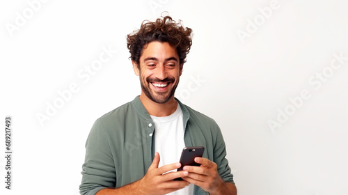 Man holding phone in hands portrait on isolated background - ai generative © DesiArt