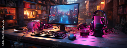 wide banner background image with gamer console workplace table with desktop computer screen and accessories in neon light effects, 
