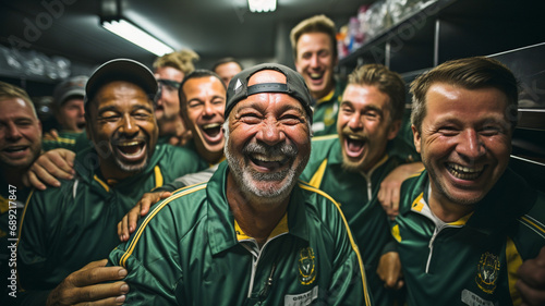 Senior football players enjoying win in the locker room with a happy team.. photo