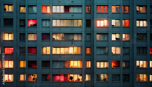 apartment panel building with lights in windows by night