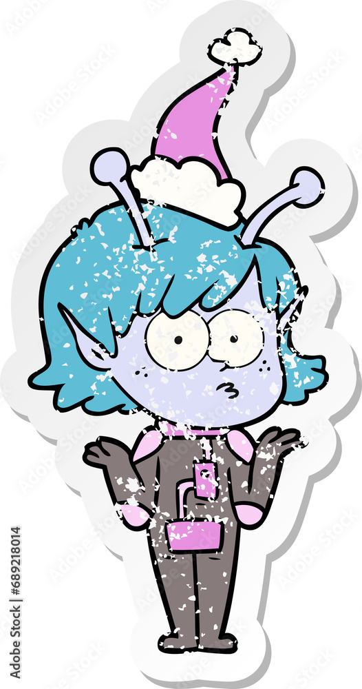 hand drawn distressed sticker cartoon of a alien girl wearing santa hat hand drawn distressed sticker cartoon of a alien girl wearing santa hat