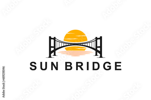 Suspension bridge logo silhouette with sunset light, simple minimalist design.