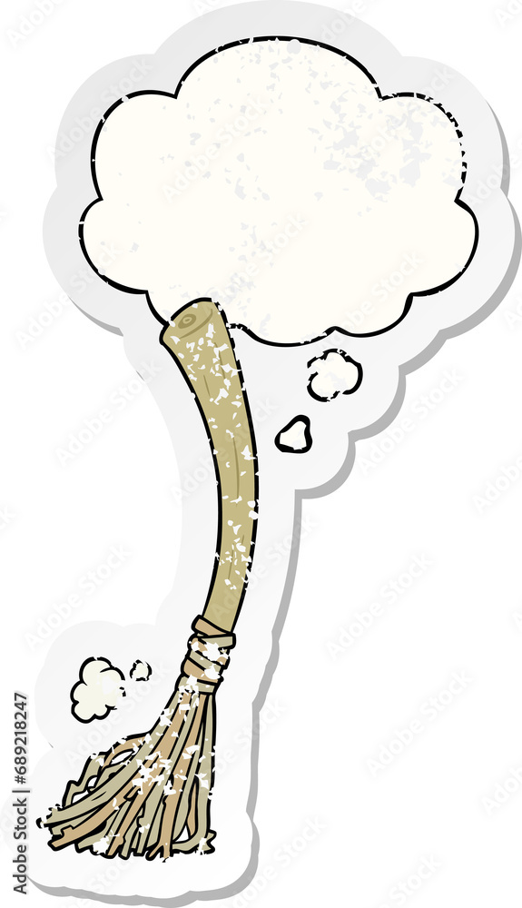 cartoon magic broom with thought bubble as a distressed worn sticker cartoon magic broom with thought bubble as a distressed worn sticker