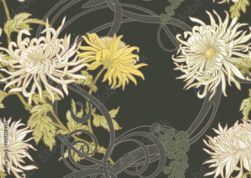 Chrysanthemum decorative flowers and leaves in art nouveau style, vintage, old, retro style. Seamless pattern, background. Vector illustration.