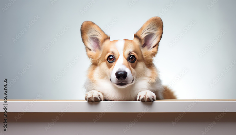 Corgi dog, minimalism, soft summer light, fish-eye lens, copy space generative ai