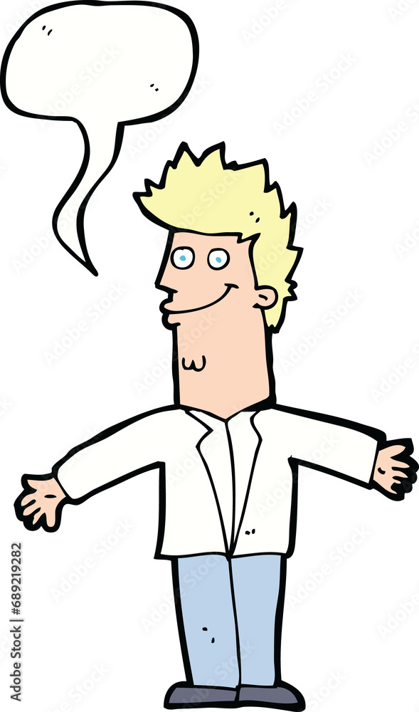 cartoon happy man with open arms with speech bubble cartoon happy man with open arms with speech bubble