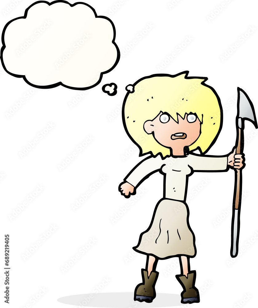 cartoon woman with harpoon with thought bubble