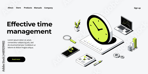 Effective time management isometric vector illustration. Task prioritizing organization for effective  productivity. Job schedule optimization concept. Web banner layout template. photo