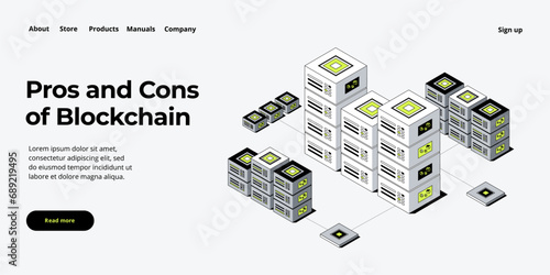 Hosting server isometric vector illustration. Abstract 3d datacenter or data center room background. Network mainframe infrastructure website header layout. Computer storage or farming workstation.