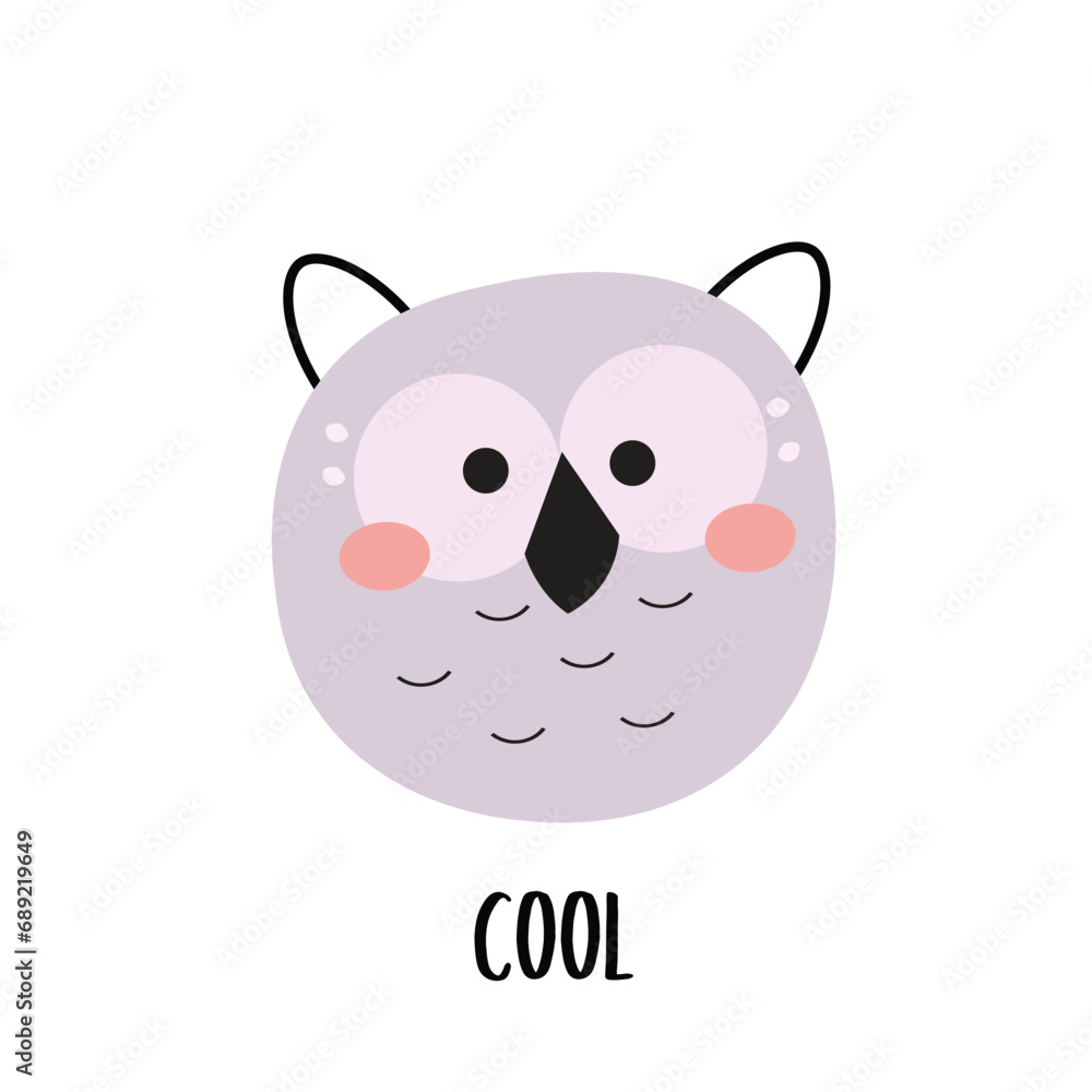 Cool Scandinavian owl for children print. Purple cartoon owl isolated. Cool Scandinavian owl for children print. Purple cartoon owl isolated.