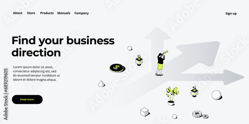 Businesswoman choosing successful direction on crossroad. Business decision challenge concept in isometric vector design. Achieving financial goal metaphor