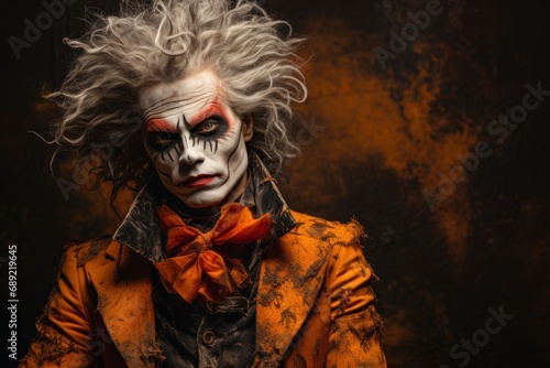 Dramatic studio portrait of a theatrical performer in costume and makeup