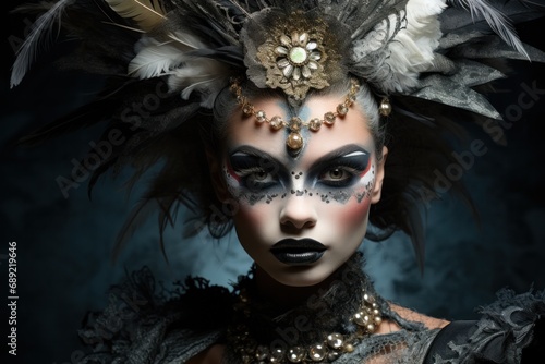 Dramatic studio portrait of a theatrical performer in costume and makeup