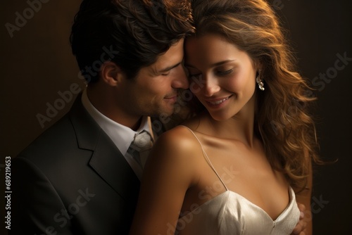 Elegant studio photo of a bride and groom, capturing the romance of a wedding day