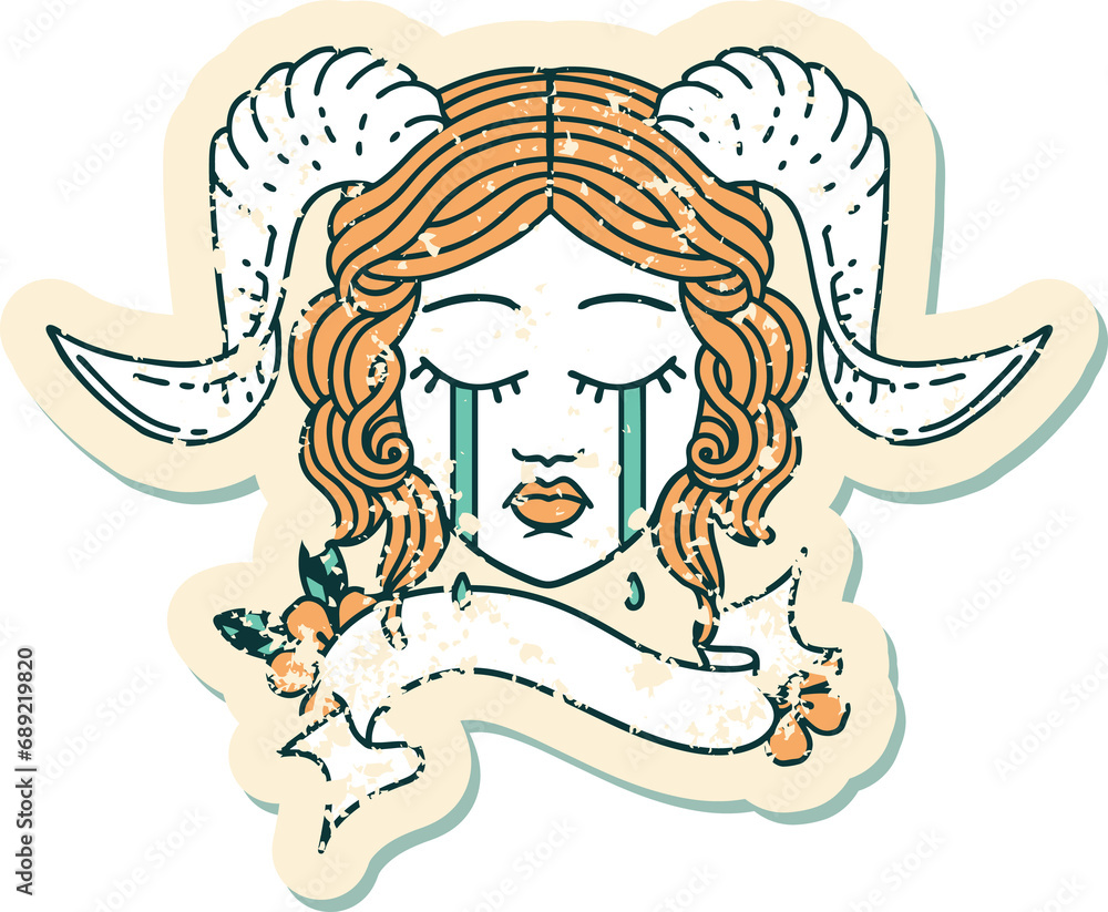 Retro Tattoo Style crying tiefling character face with scroll banner Retro Tattoo Style crying tiefling character face with scroll banner