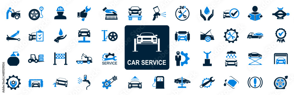 Obraz premium Set car service icons, another technical inspection, repair of breakdowns, auto washing and painting, towing, cleaning, jack – stock vector