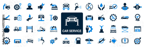 Set car service icons, another technical inspection, repair of breakdowns, auto washing and painting, towing, cleaning, jack – stock vector photo