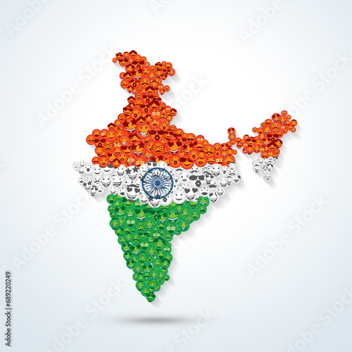 Republick day of India patriotic background. Freedom celebration poster banner design. Group of diverse people crowd in indian tricolor flag uniform and formed India map. photo