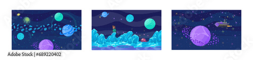 Space game. Vector illustration. Navigating through pixelated asteroid field tests your piloting skills in game The galactic space game offers glimpse into vast and interconnected universe