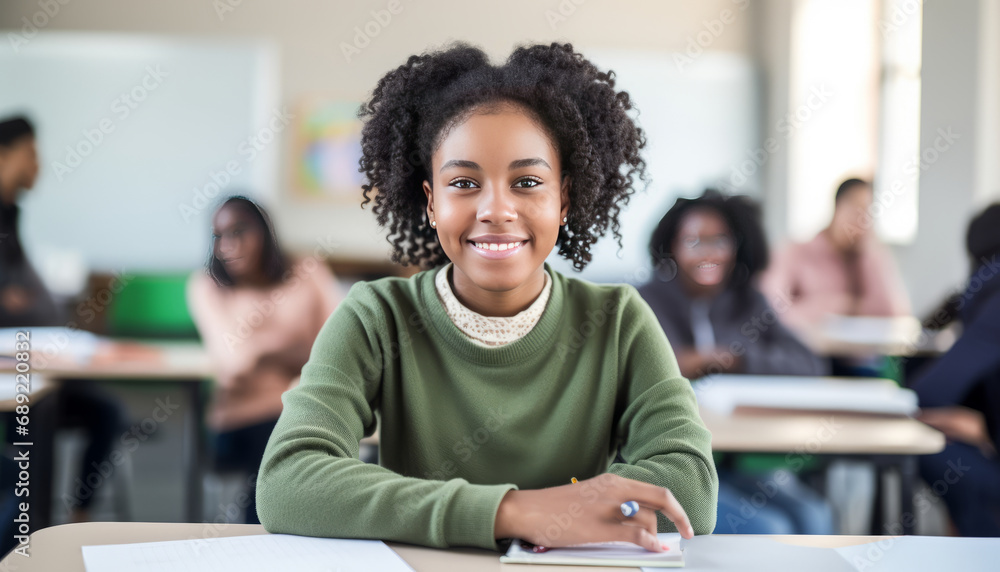 Black teen girl in modern classroom. Black teen girl in modern classroom.