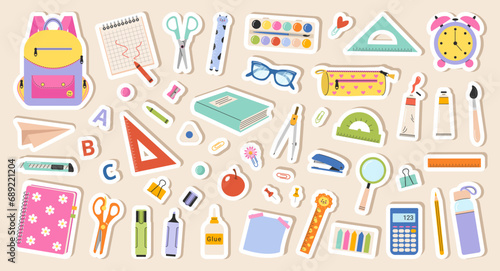 Back to school. Vector set stickers of school supplies. Cute office supplies hand drawn illustration.