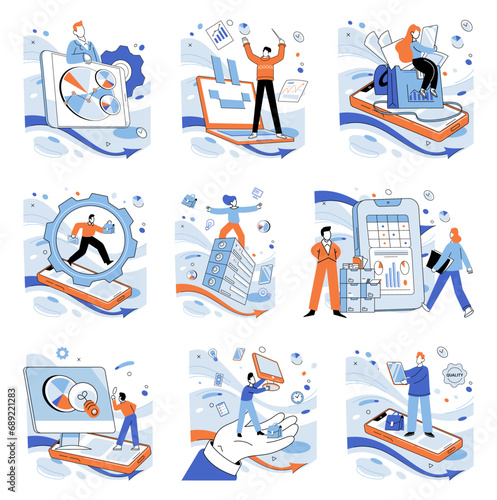 Progressive business vector illustration. Strategy, architect designing blueprint for progressive business ventures Growth is canvas painted with brushstrokes progressive strategy Marketing, messenger