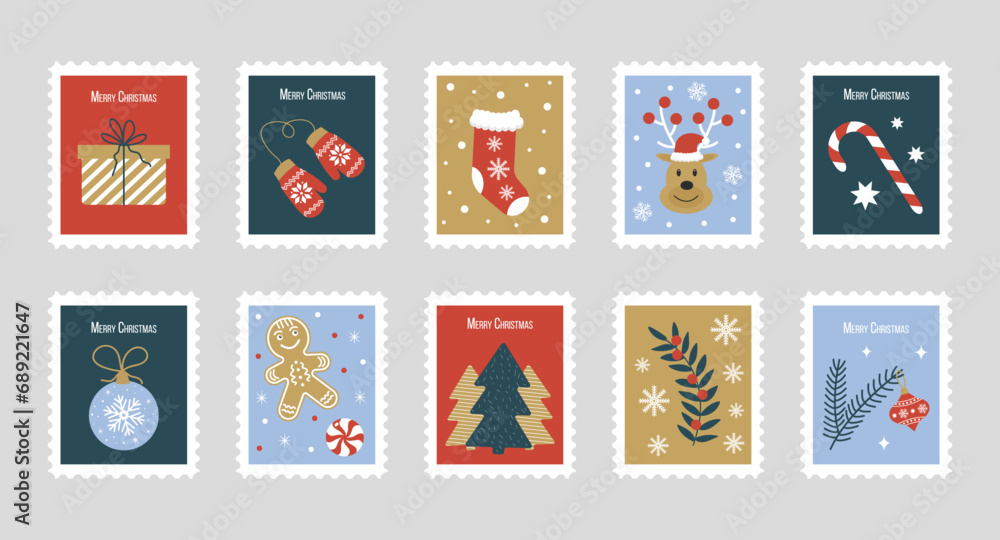 Set of vector postage stamps with Christmas illustrations. Merry Christmas and Happy New year cartoon stickers.