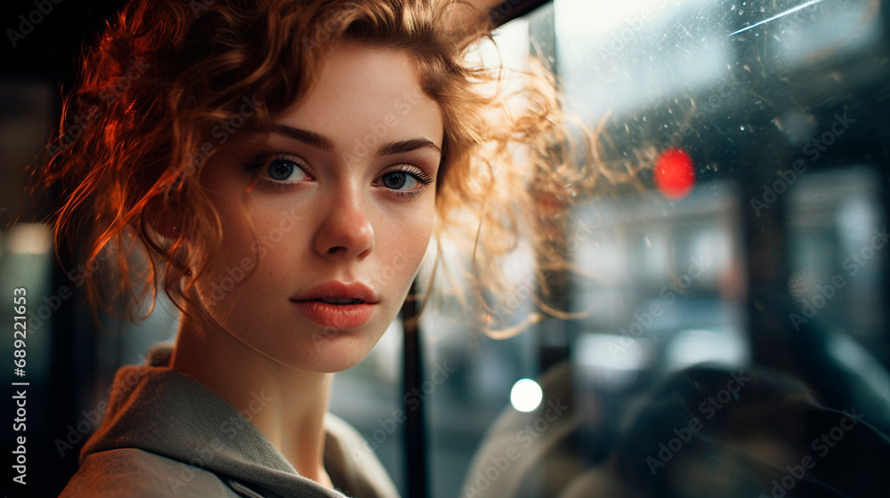 Fototapeta premium Young woman standing at the bus window