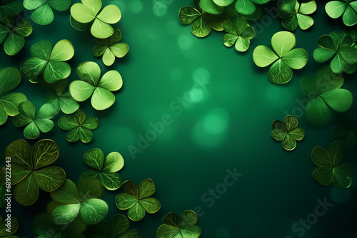 Saint Patrick's day Background. Green metallic four leaf clover on green surface. Copy space. High quality photo