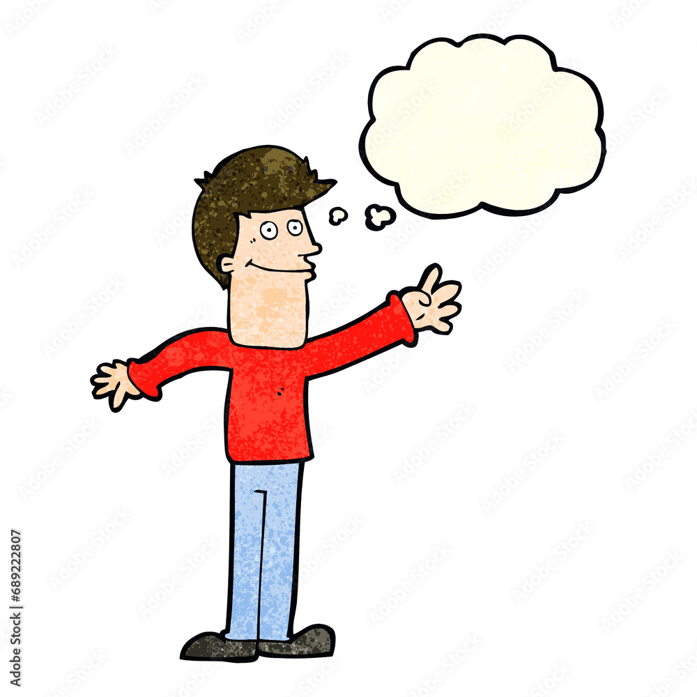 cartoon happy man waving with thought bubble cartoon happy man waving with thought bubble