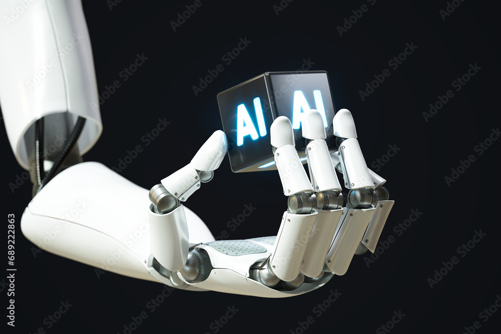 Advanced AI Concept: Robotic Arm Holding Shining 'AI' Symbol