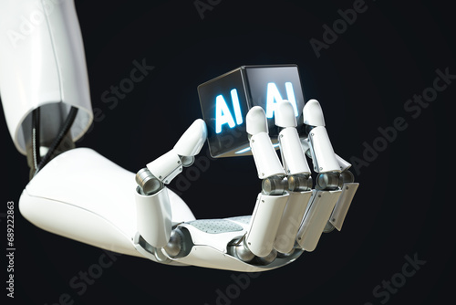 Obraz na płótnie Advanced AI Concept: Robotic Arm Holding Shining 'AI' Symbol w salonie