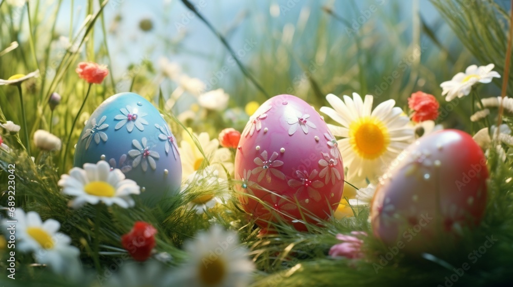 Charming Easter eggs embellished with beautiful flowers, placed in the fresh green grass, creating an enchanting springtime tableau, captured in high definition