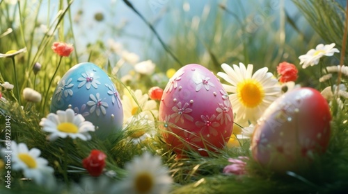 Charming Easter eggs embellished with beautiful flowers  placed in the fresh green grass  creating an enchanting springtime tableau  captured in high definition