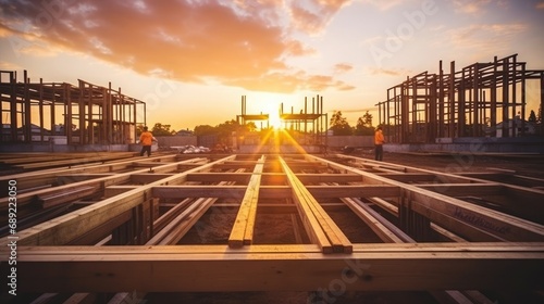 Construction site and sunset , structural steel beam build large residential buildings
