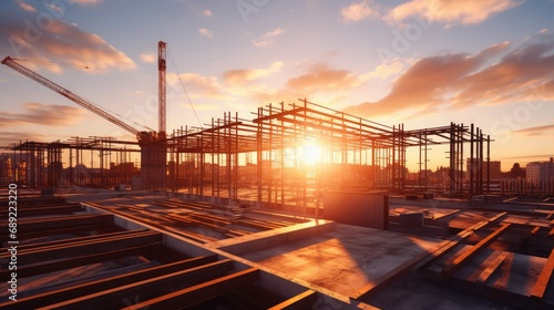 Construction site and sunset , structural steel beam build large residential buildings © Thuch