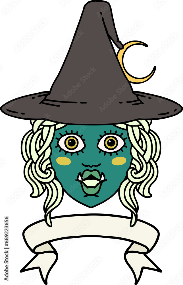 Retro Tattoo Style half orc witch character face with banner Retro Tattoo Style half orc witch character face with banner