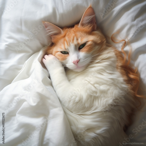 Looking at a sleeping ginger cat lying on a big white pillow from above created with Generative Ai