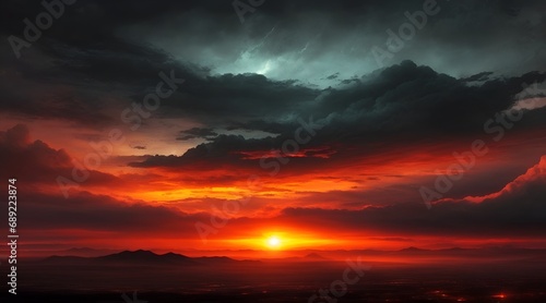 Sunset is a deep black. Evening sky with dramatic clouds. Space for design in fiery sky. The sky is a magical fantasy. Concept of war  warfare  dread  world catastrophe  and horror
